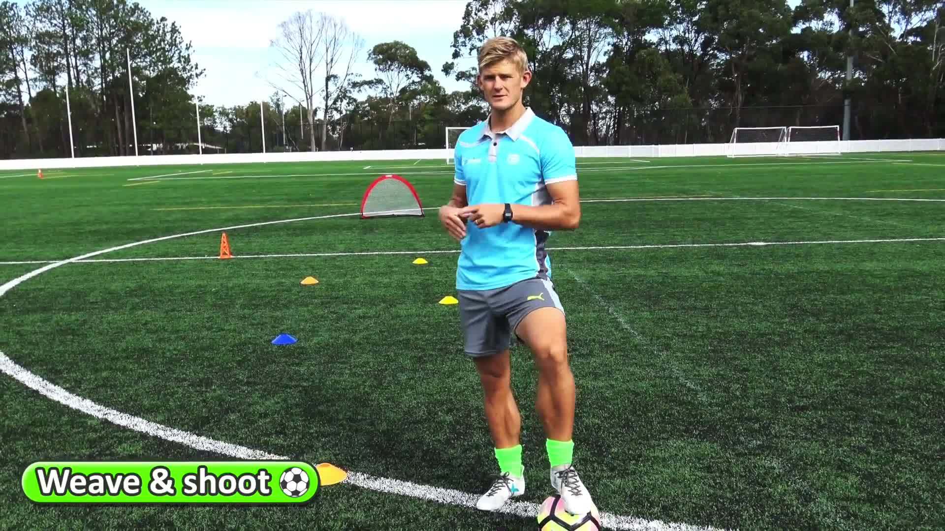 Relay drill: Dribbling › Weave & shoot | Soccer skills in PE (grade K-6)