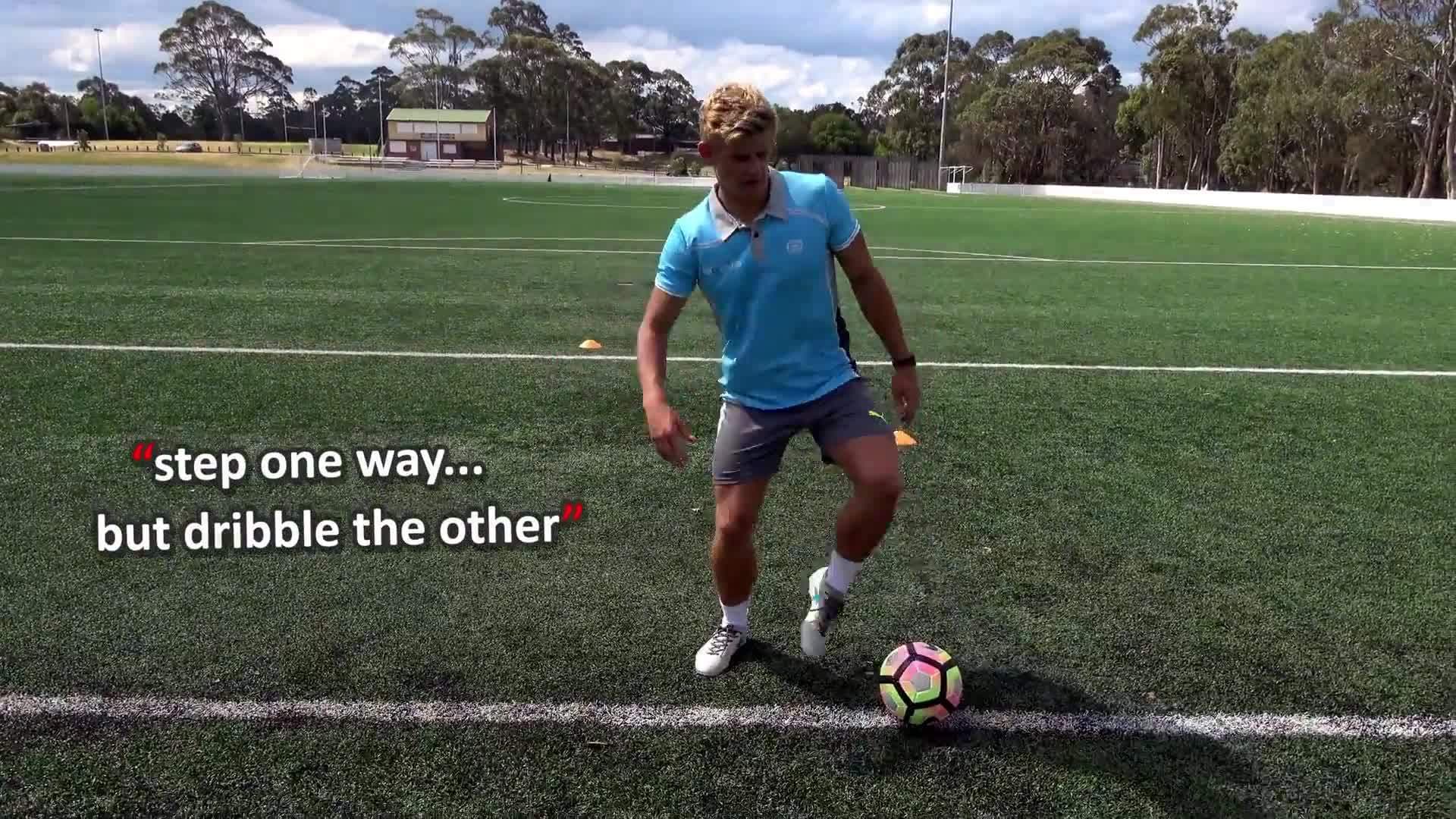 Relay drill: Body feints › In zig-zags | Soccer skills in PE (grade K-6)