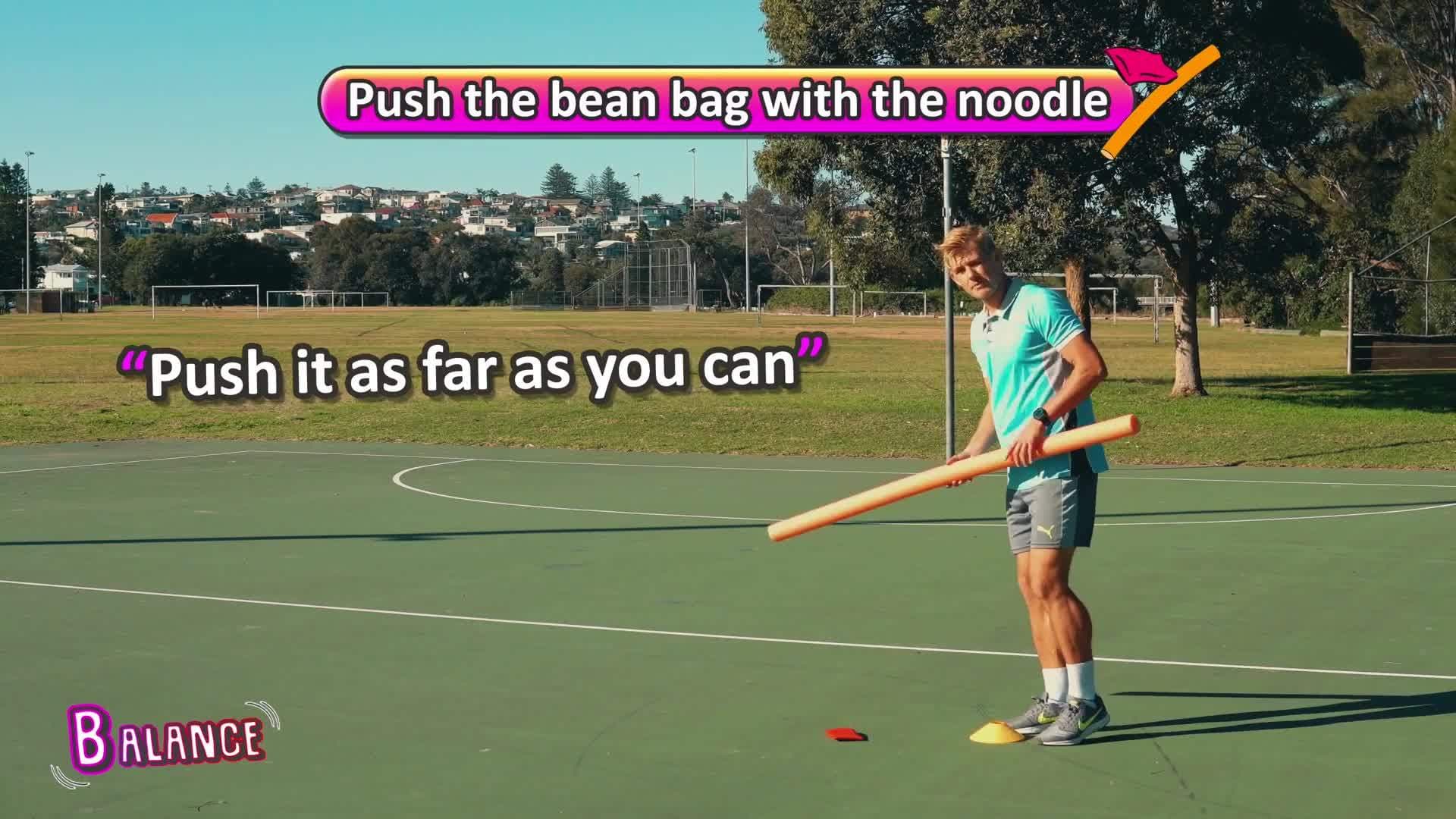 Balance + co-ordination PE activity for kids | Push the bean bag with the noodle