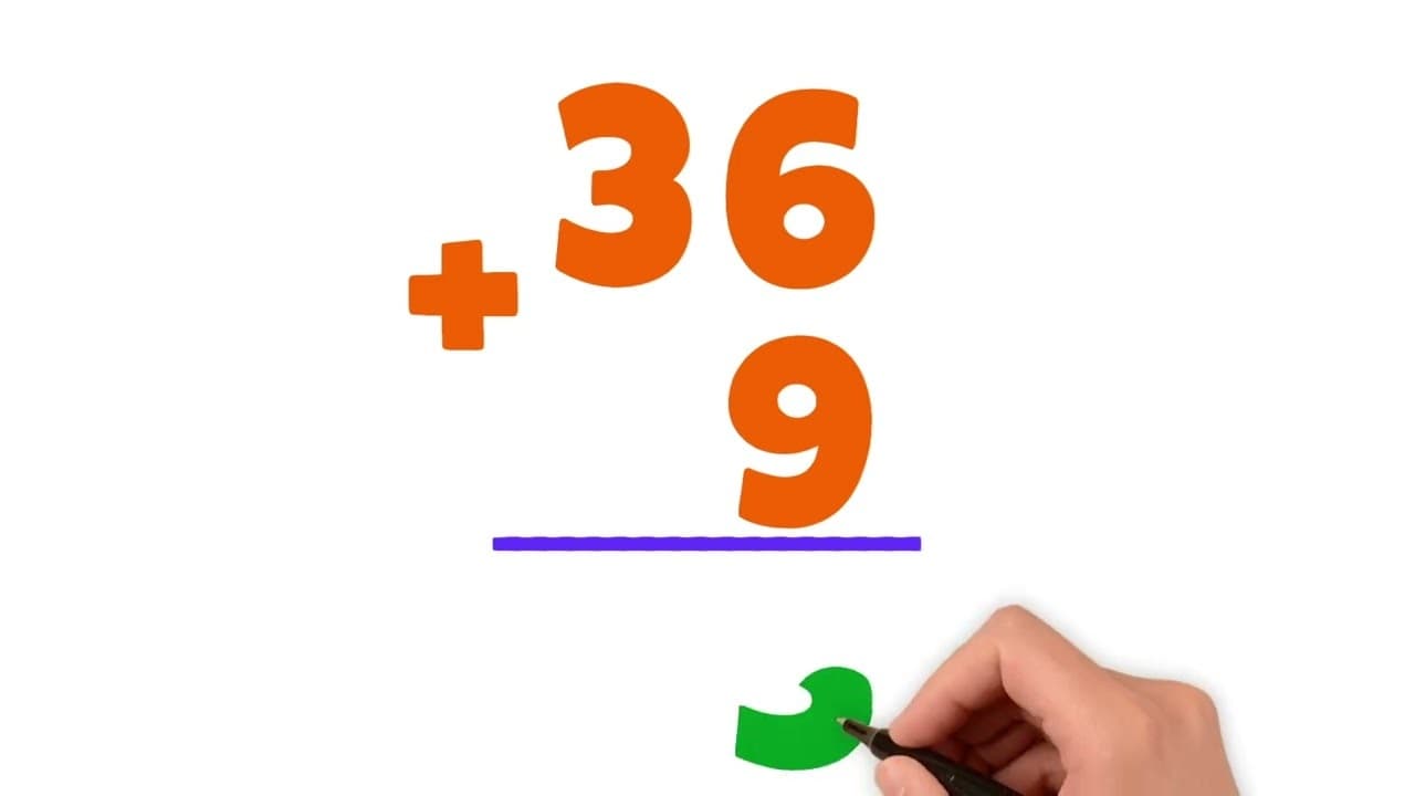 2-Digit plus 1-Digit Addition with Carry: What is 36 plus 9?