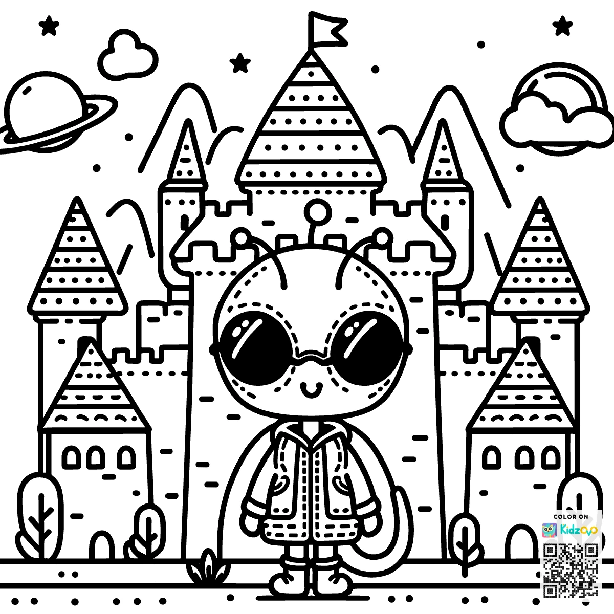 A Cute Alien in a Castle wearing a Sunglasses