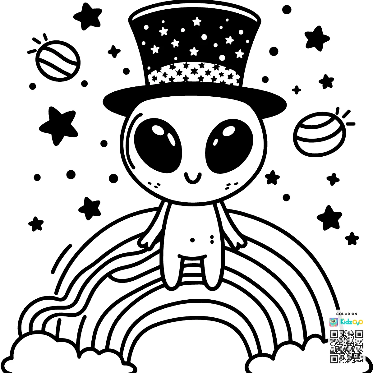 A Cute Alien on a Rainbow wearing a Top Hat