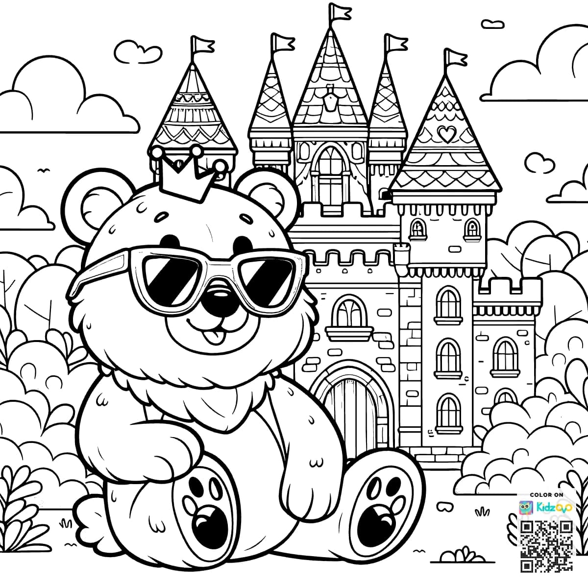 A Cute Bear in a Castle wearing a Sunglasses