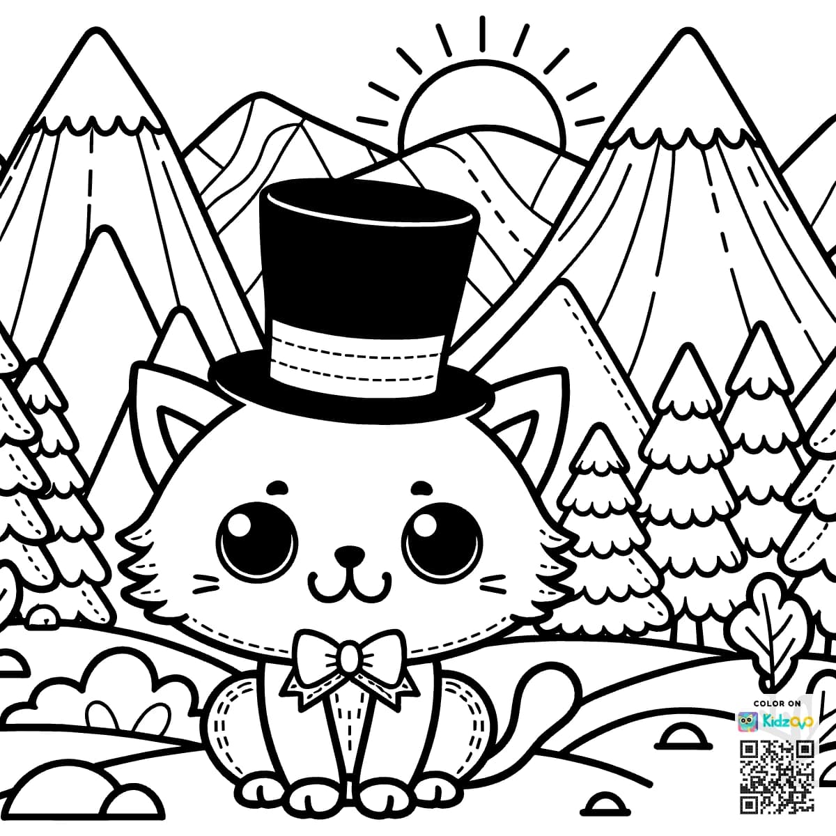 A Cute Cat in the Mountains wearing a Top Hat