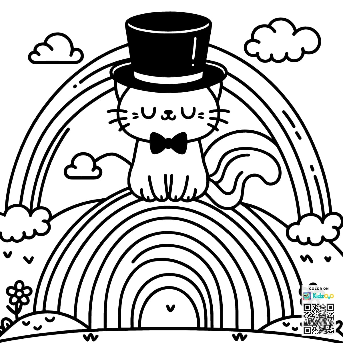 A Cute Cat on a Rainbow wearing a Top Hat
