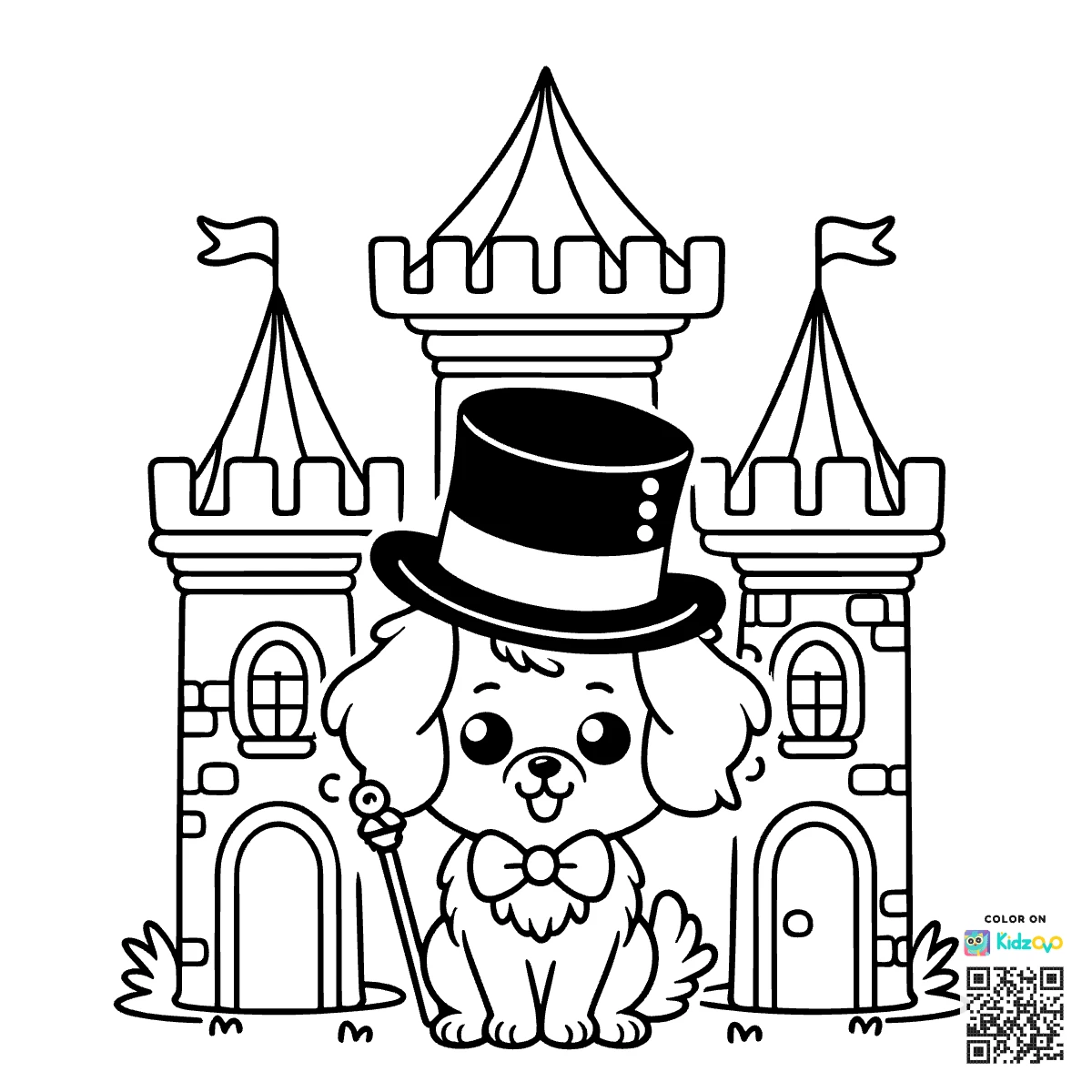 A Cute Dog in a Castle wearing a Top Hat