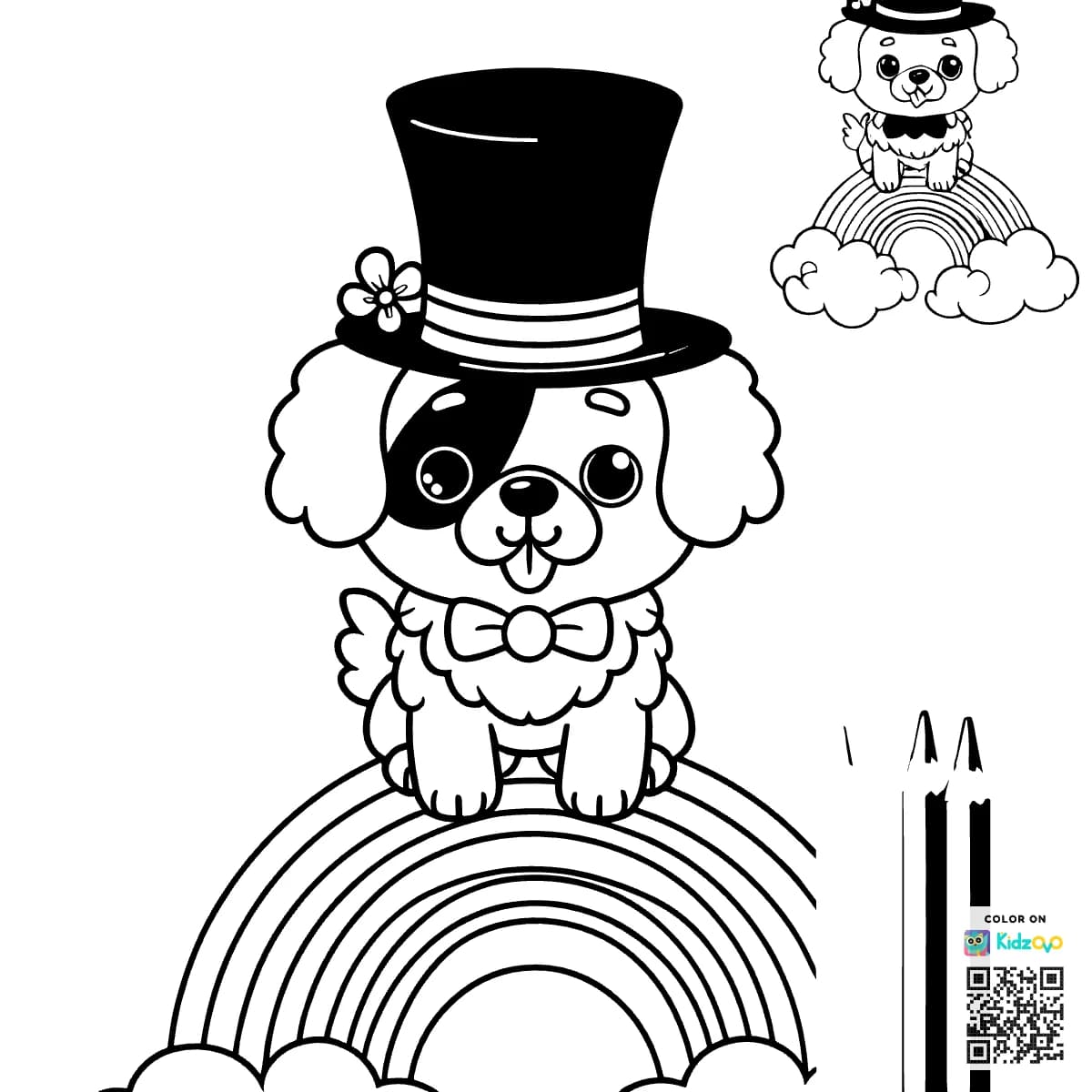 A Cute Dog on a Rainbow wearing a Top Hat