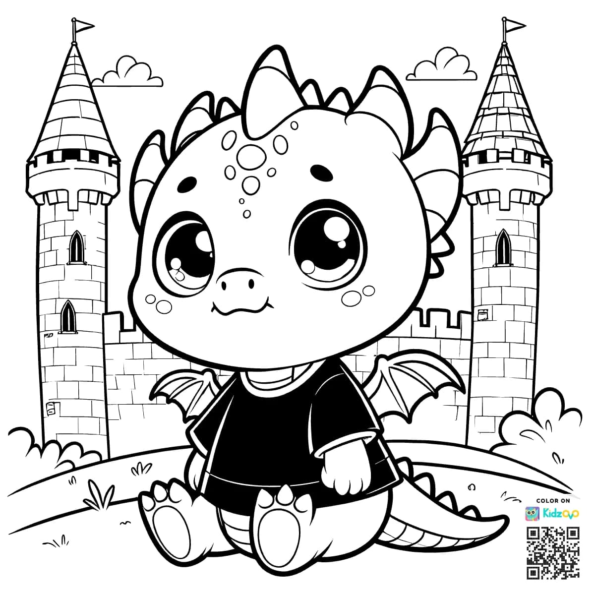 A Cute Dragon in a Castle wearing a T-Shirt