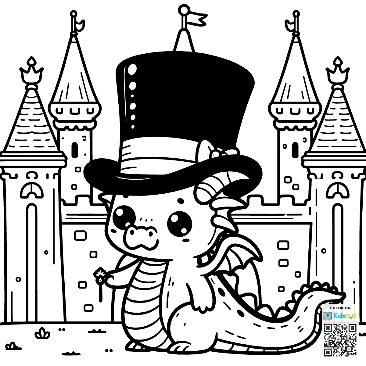 A Cute Dragon in a Castle wearing a Top Hat