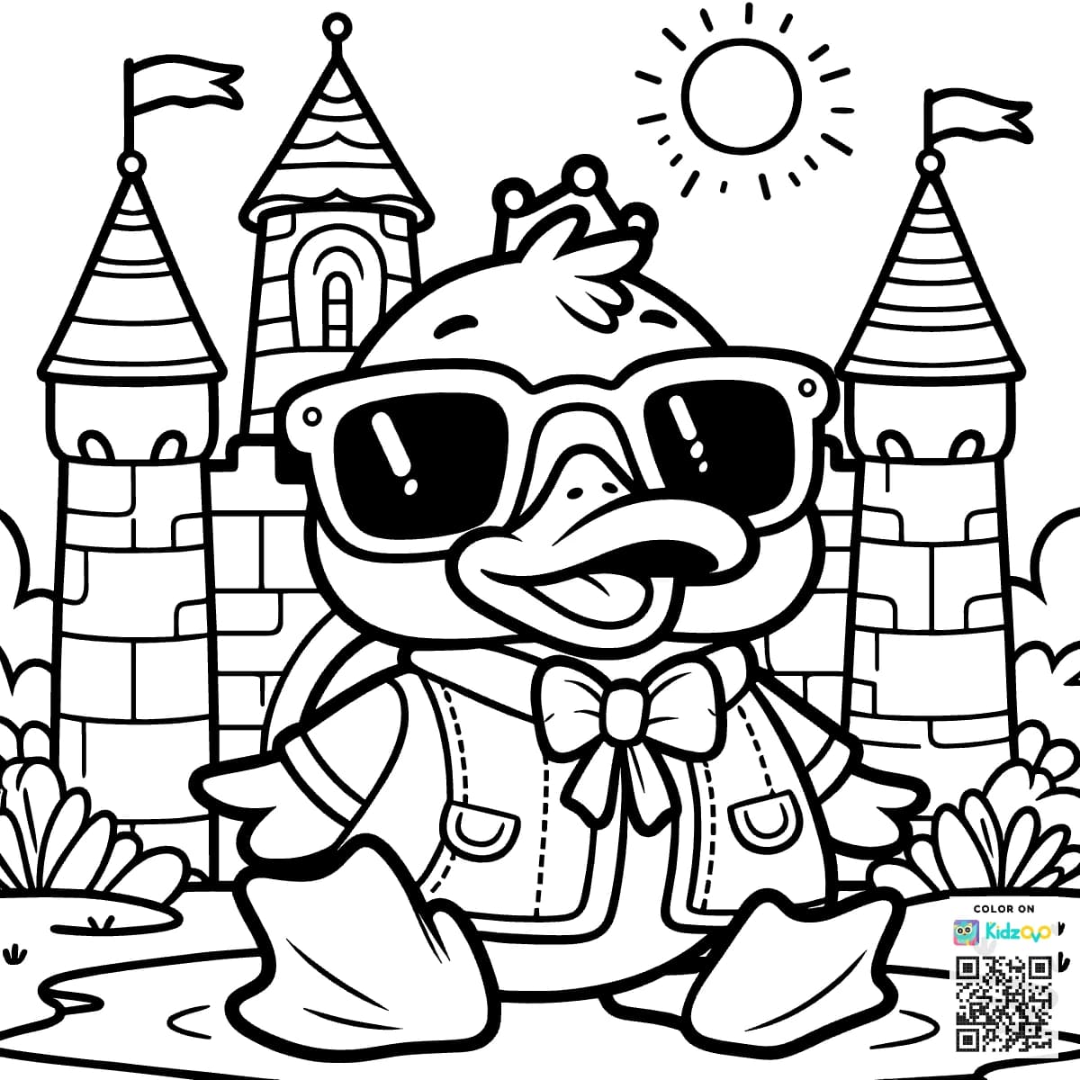 A Cute Duck in a Castle wearing a Sunglasses