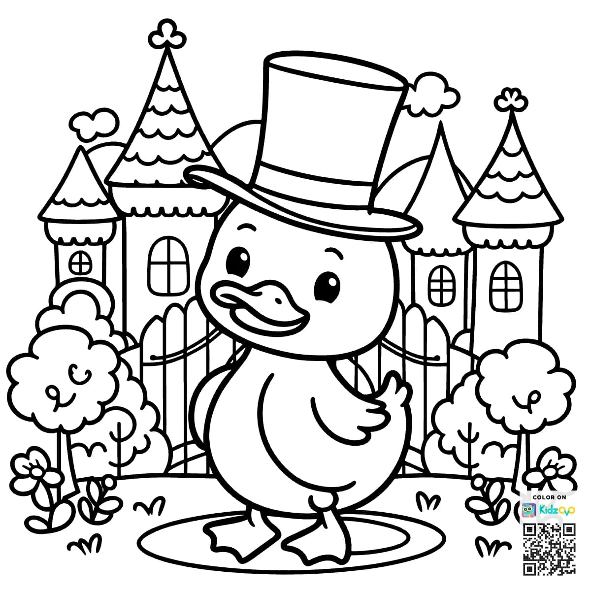 A Cute Duck in a Castle wearing a Top Hat