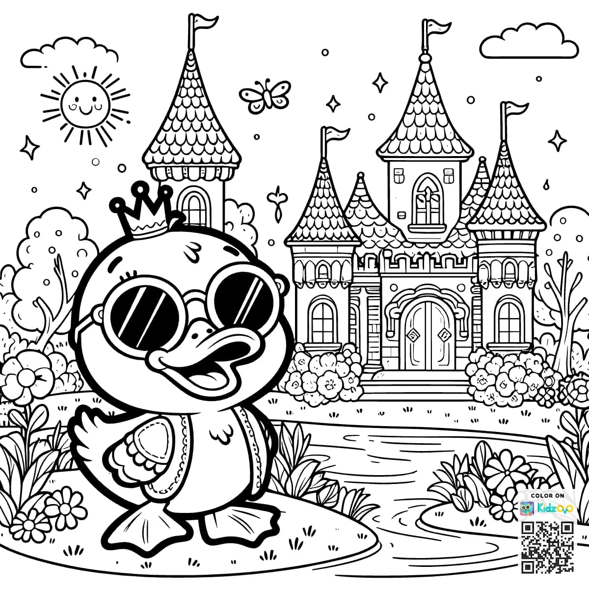 A Cute Duck in a Castle wearing Sunglasses