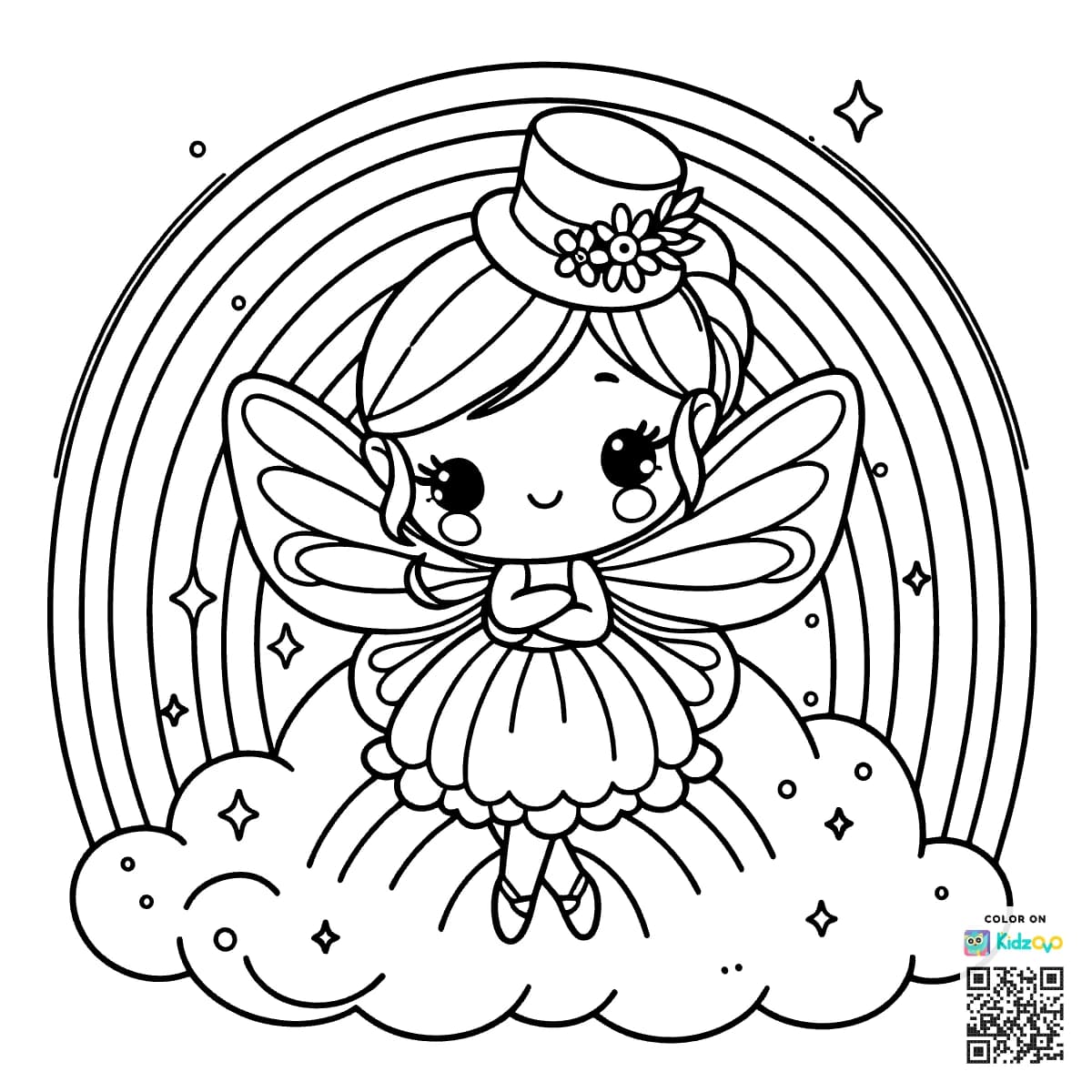 A Cute Fairy on a Rainbow wearing a Top Hat