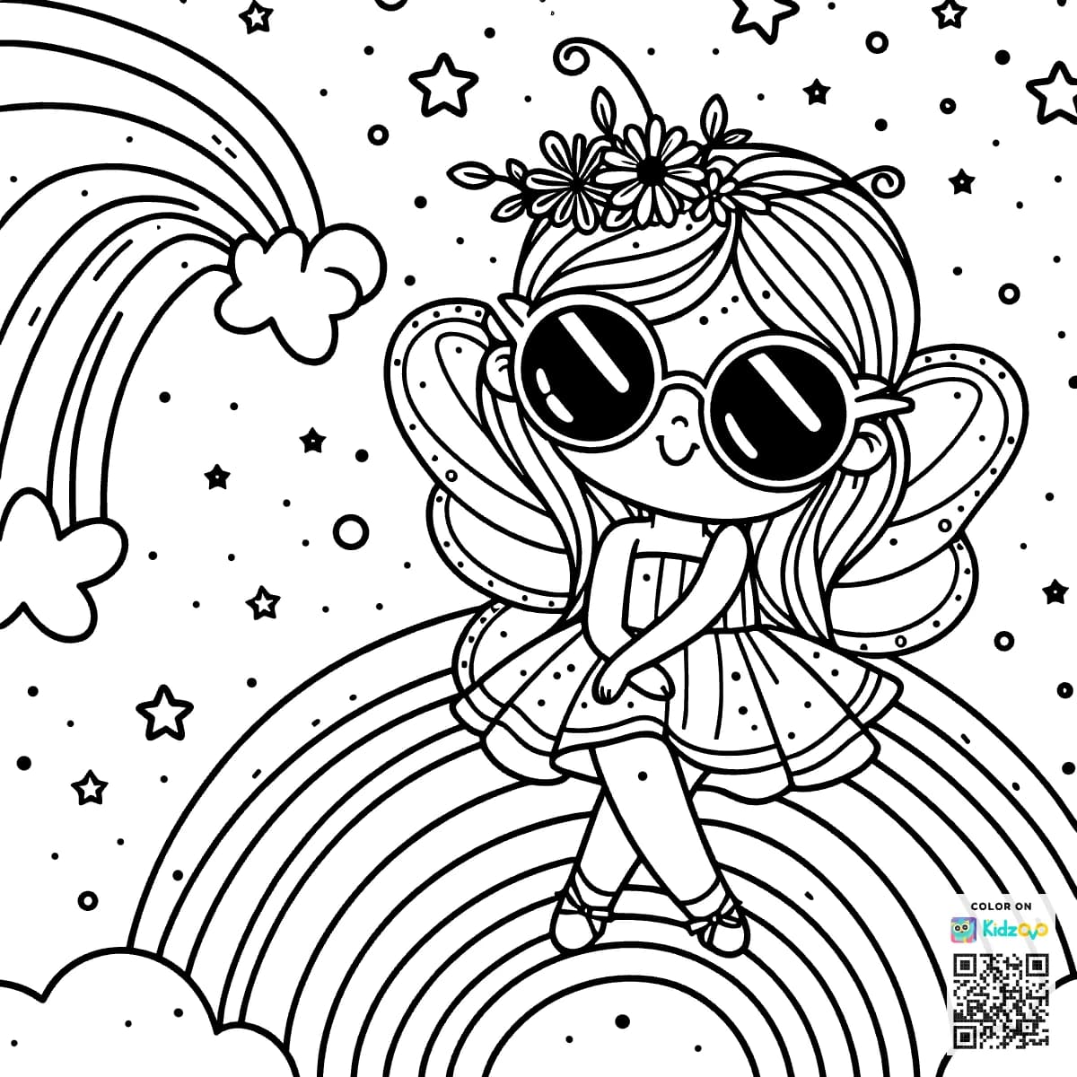A Cute Fairy on a Rainbow wearing Sunglasses