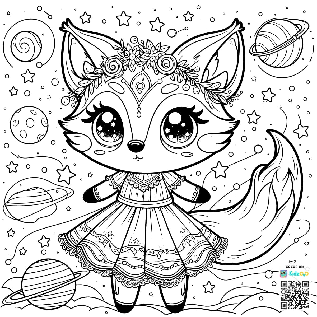 A Cute Fox in Space wearing a beautiful dress