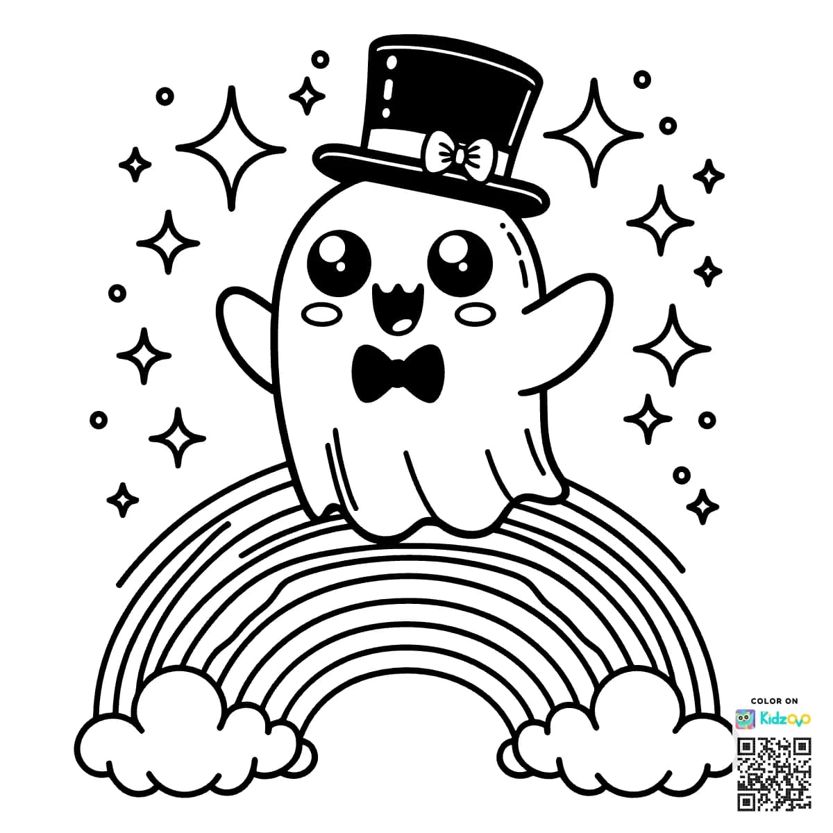 A Cute Ghost on a Rainbow wearing a Top Hat