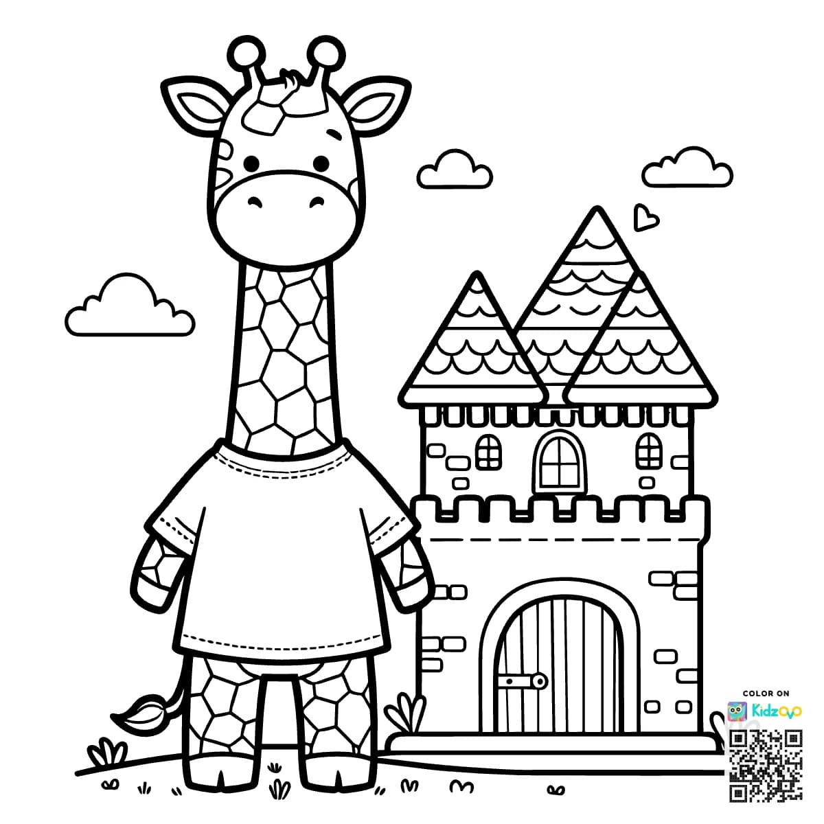 A Cute Giraffe in a Castle wearing a T-Shirt