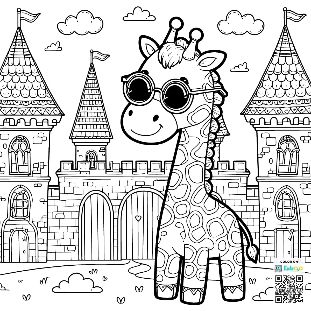 A Cute Giraffe in a Castle wearing Sunglasses