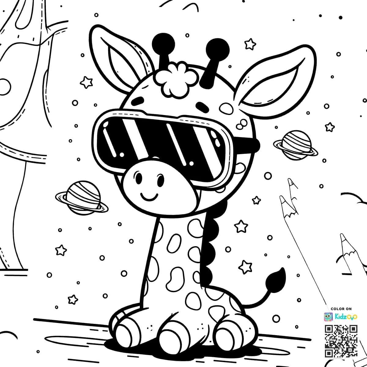 A Cute Giraffe in Space wearing Sunglasses