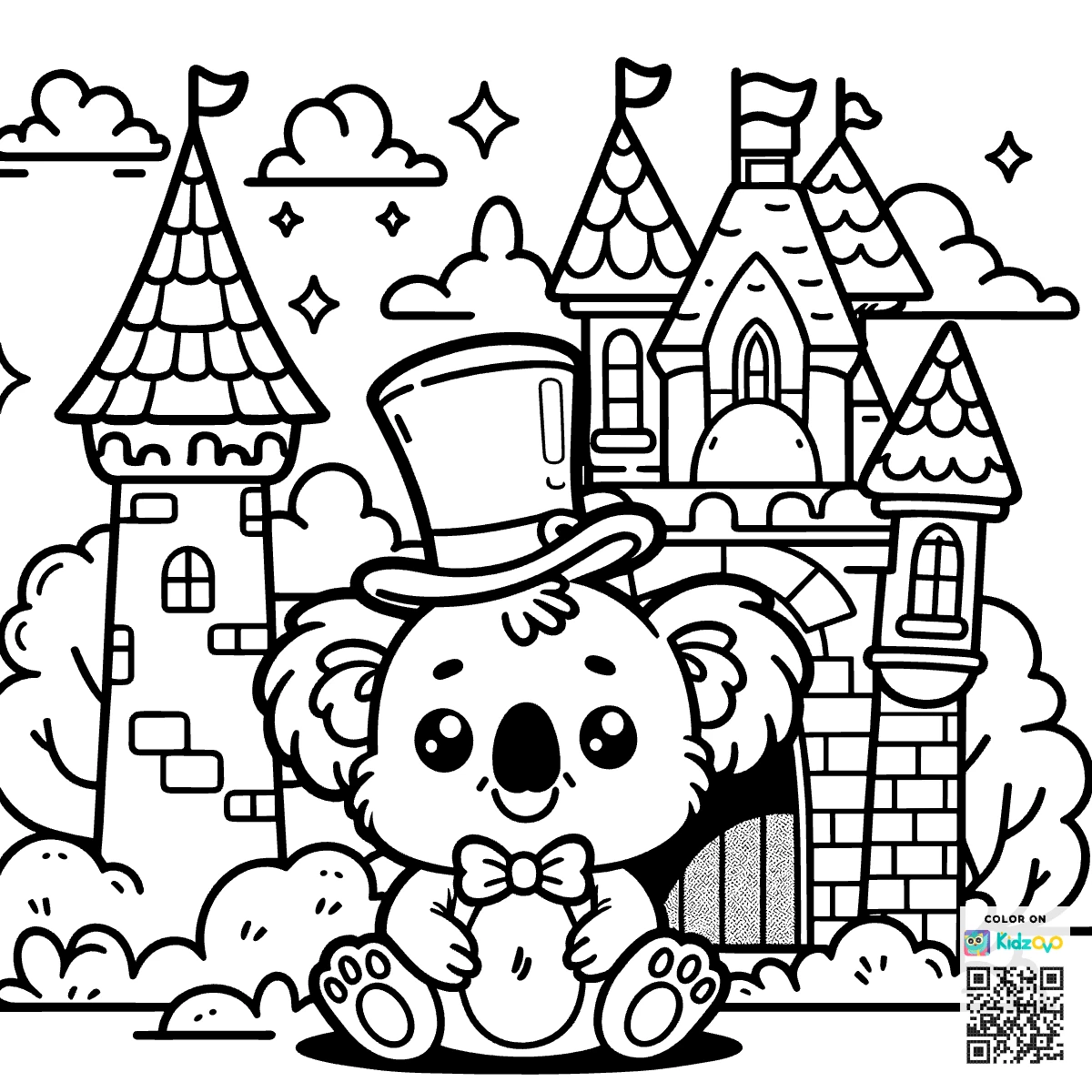 A Cute Koala in a Castle wearing a Top Hat