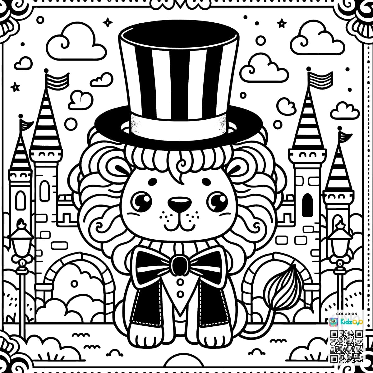 A Cute Lion in a Castle wearing a Top Hat
