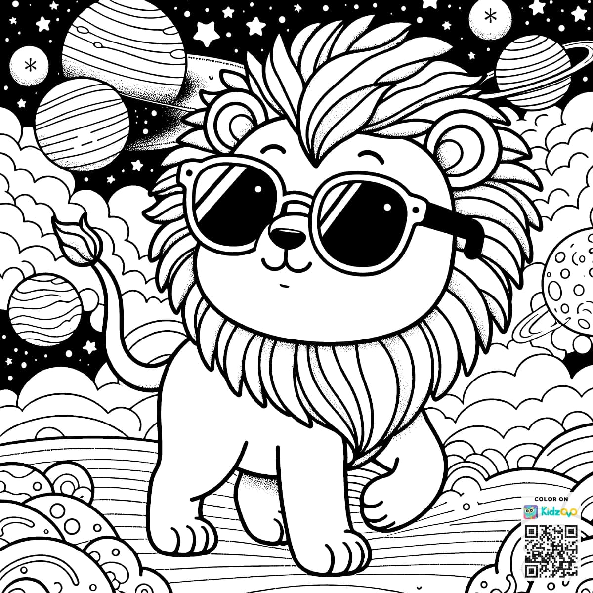 A Cute Lion in Space wearing a Sunglasses