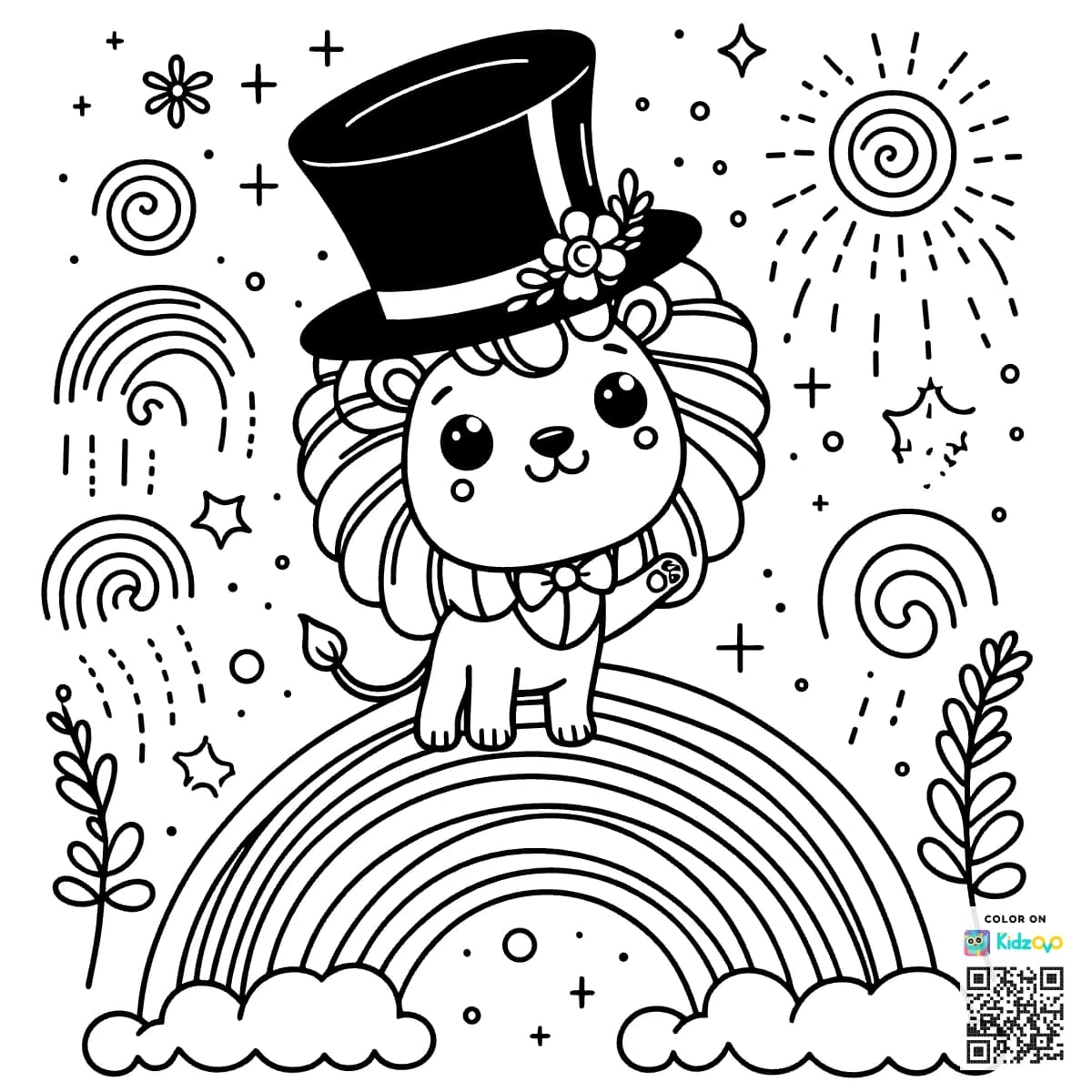 A Cute Lion on a Rainbow wearing a Top Hat