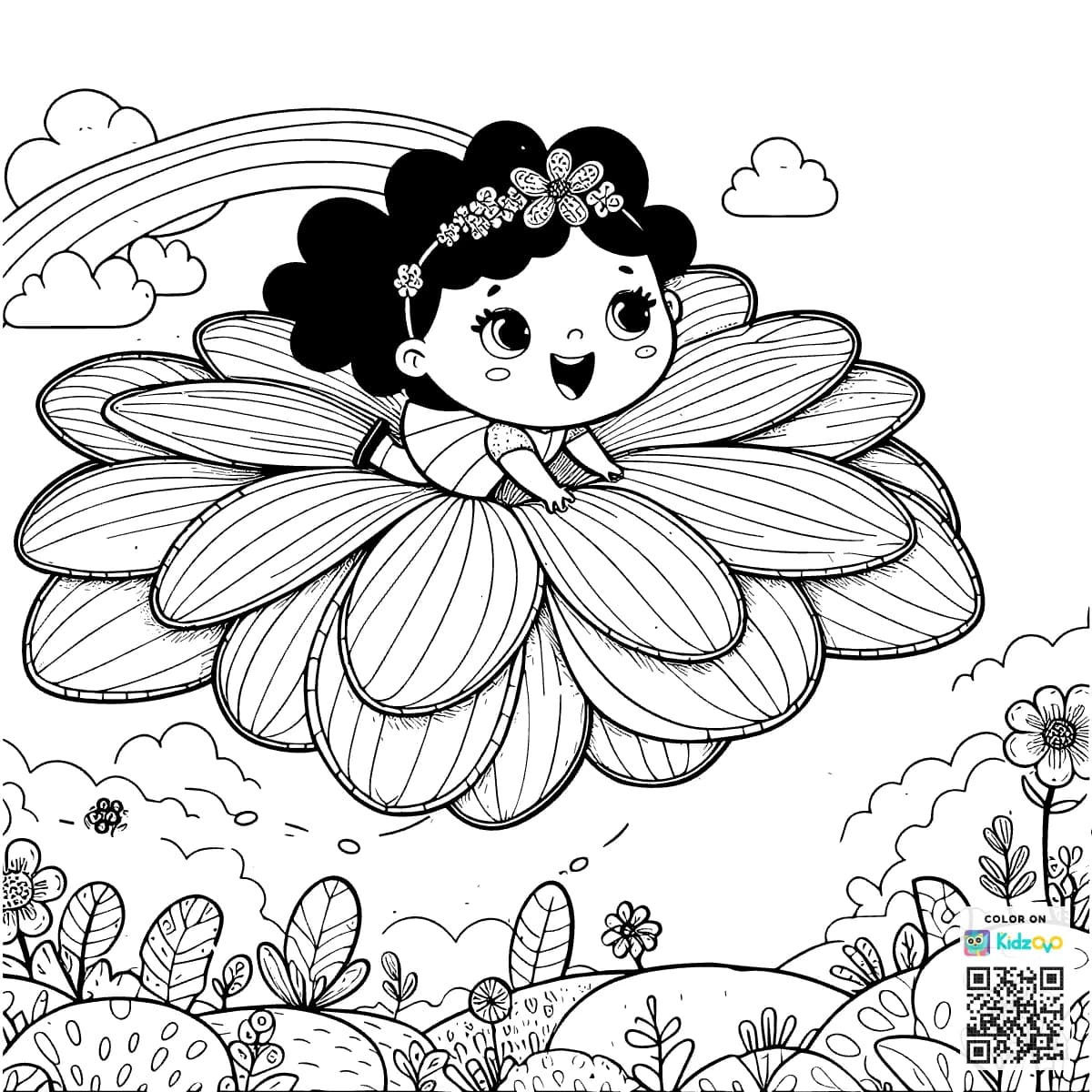 a cute little girl riding on a flower in air