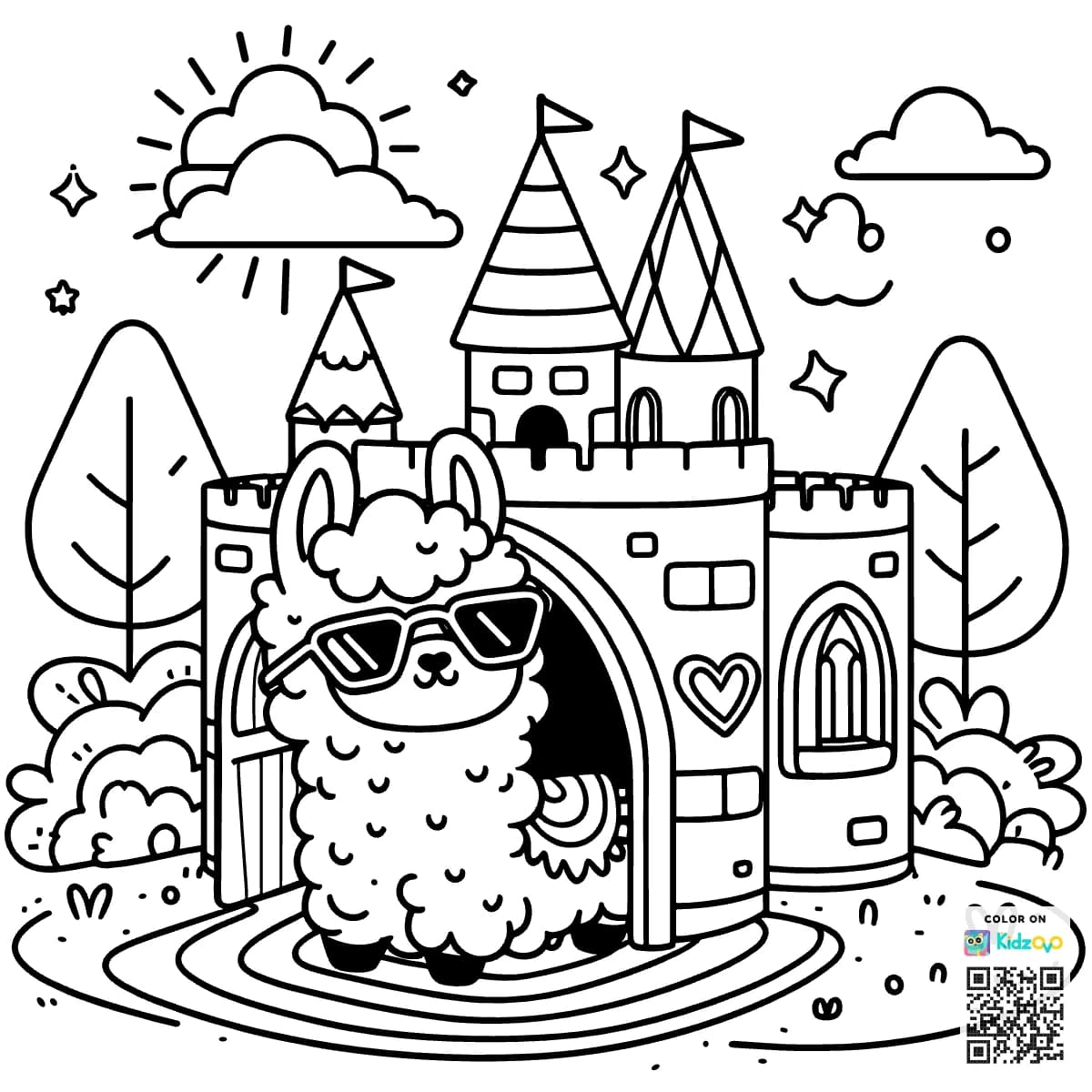 A Cute Llama in a Castle wearing a Sunglasses