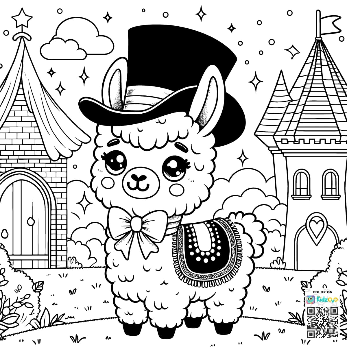 A Cute Llama in a Castle wearing a Top Hat
