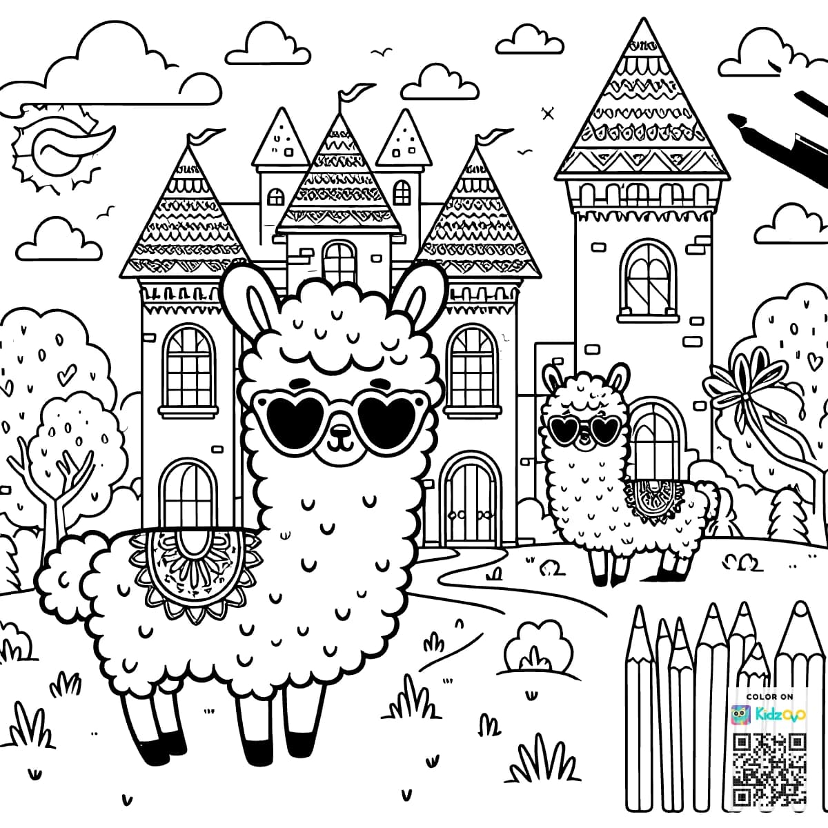 A Cute Llama in a Castle wearing Sunglasses