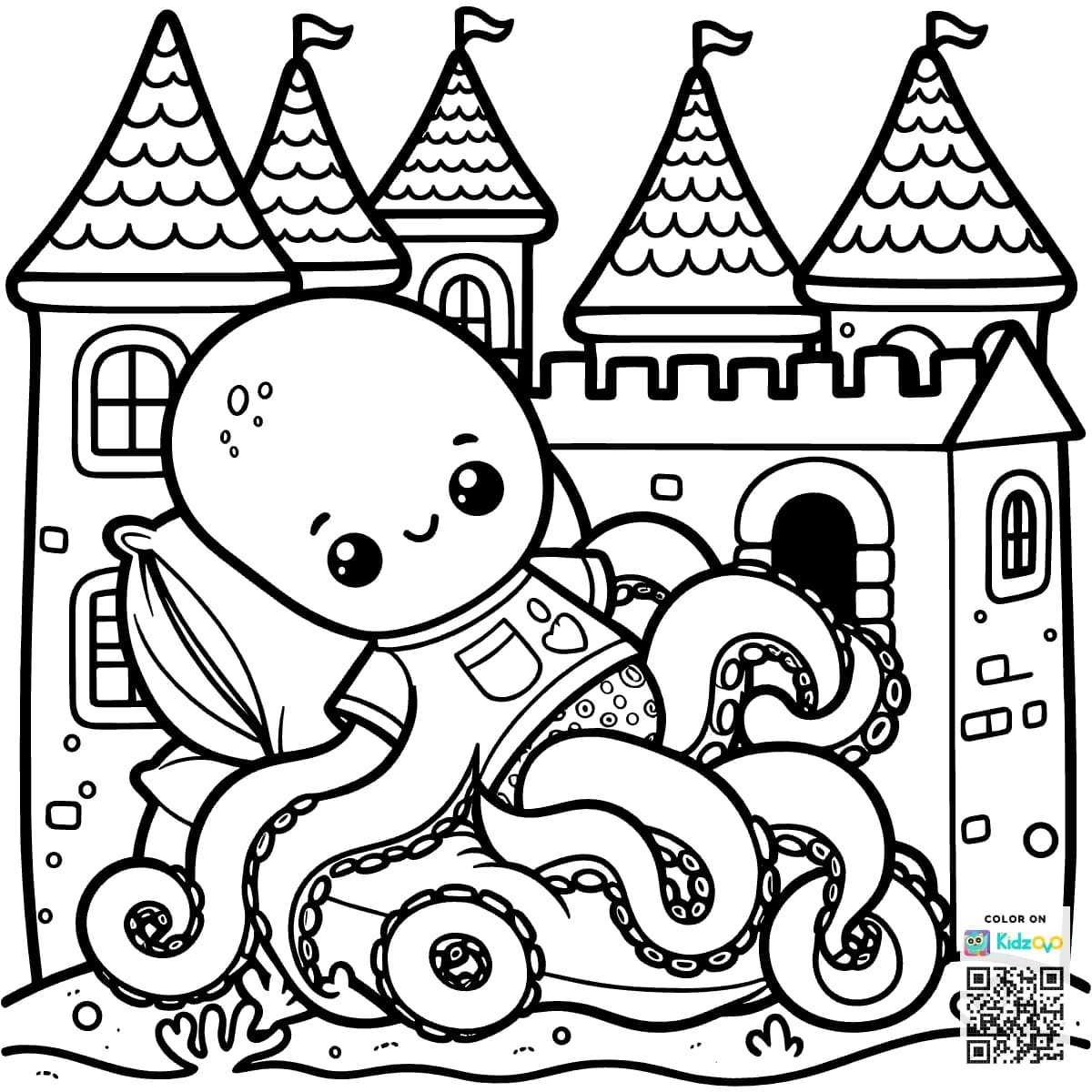 A Cute Octopus in a Castle wearing a T-Shirt