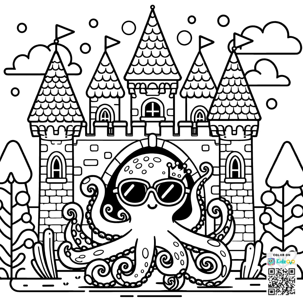A Cute Octopus in a Castle wearing Sunglasses
