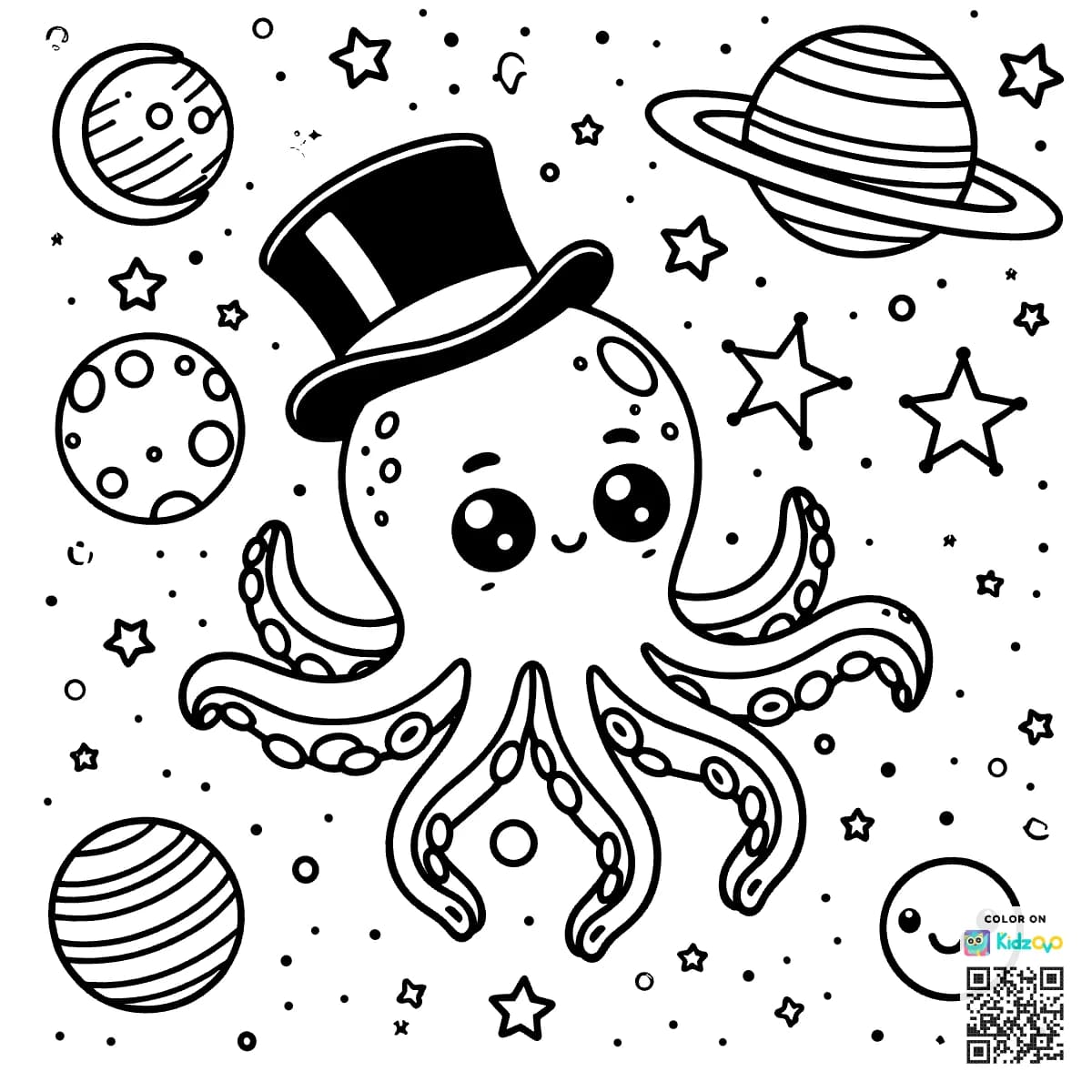 A Cute Octopus in Space wearing a Top Hat