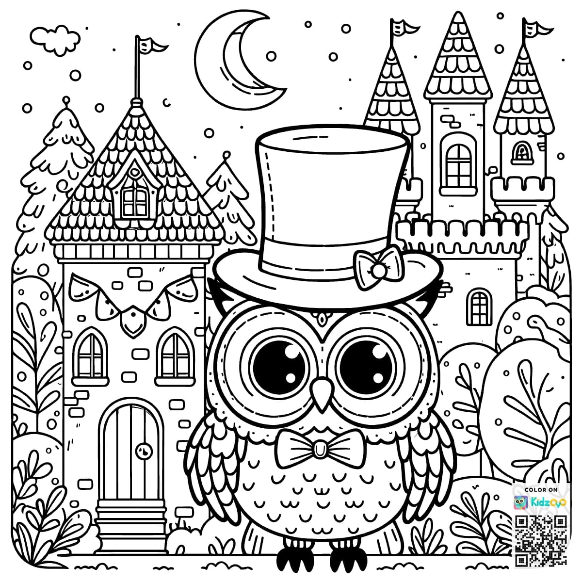 A Cute Owl in a Castle wearing a Top Hat