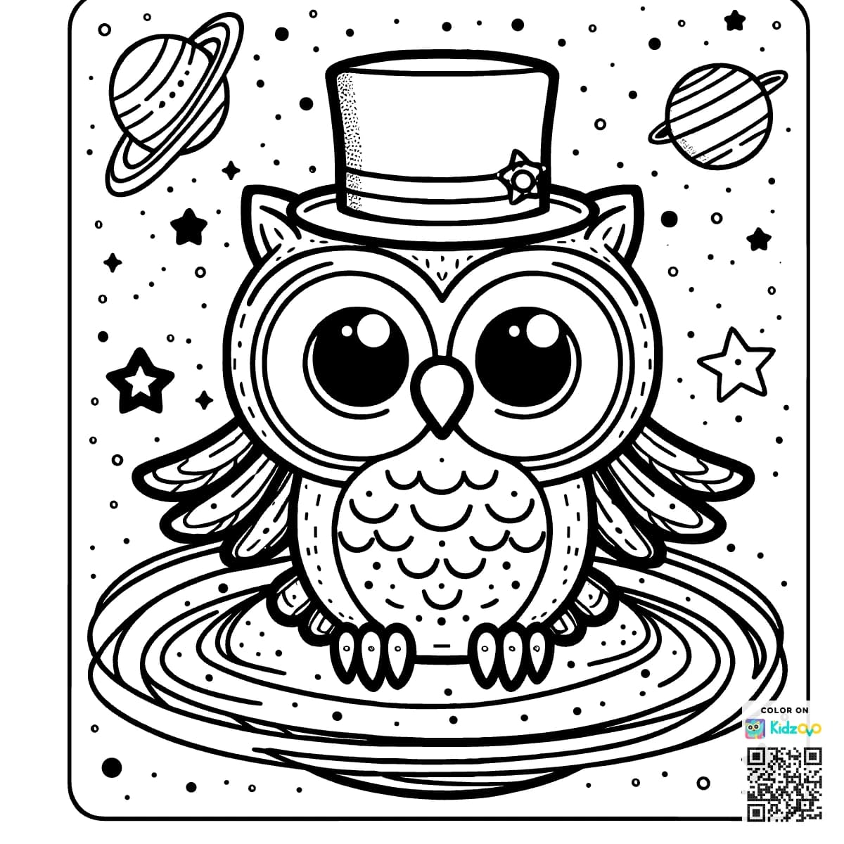 A Cute Owl in Space wearing a Top Hat