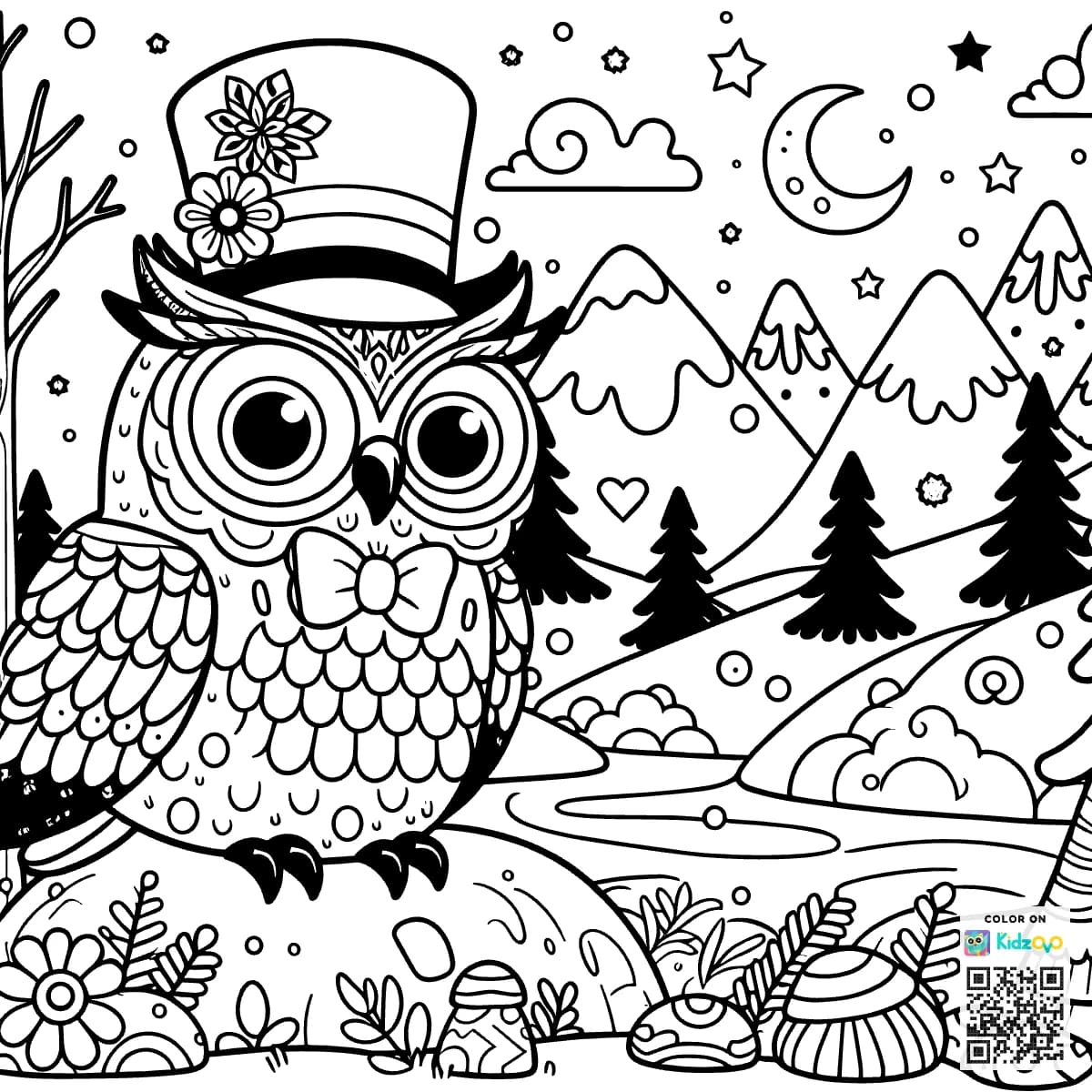 A Cute Owl in the Mountains wearing a Top Hat