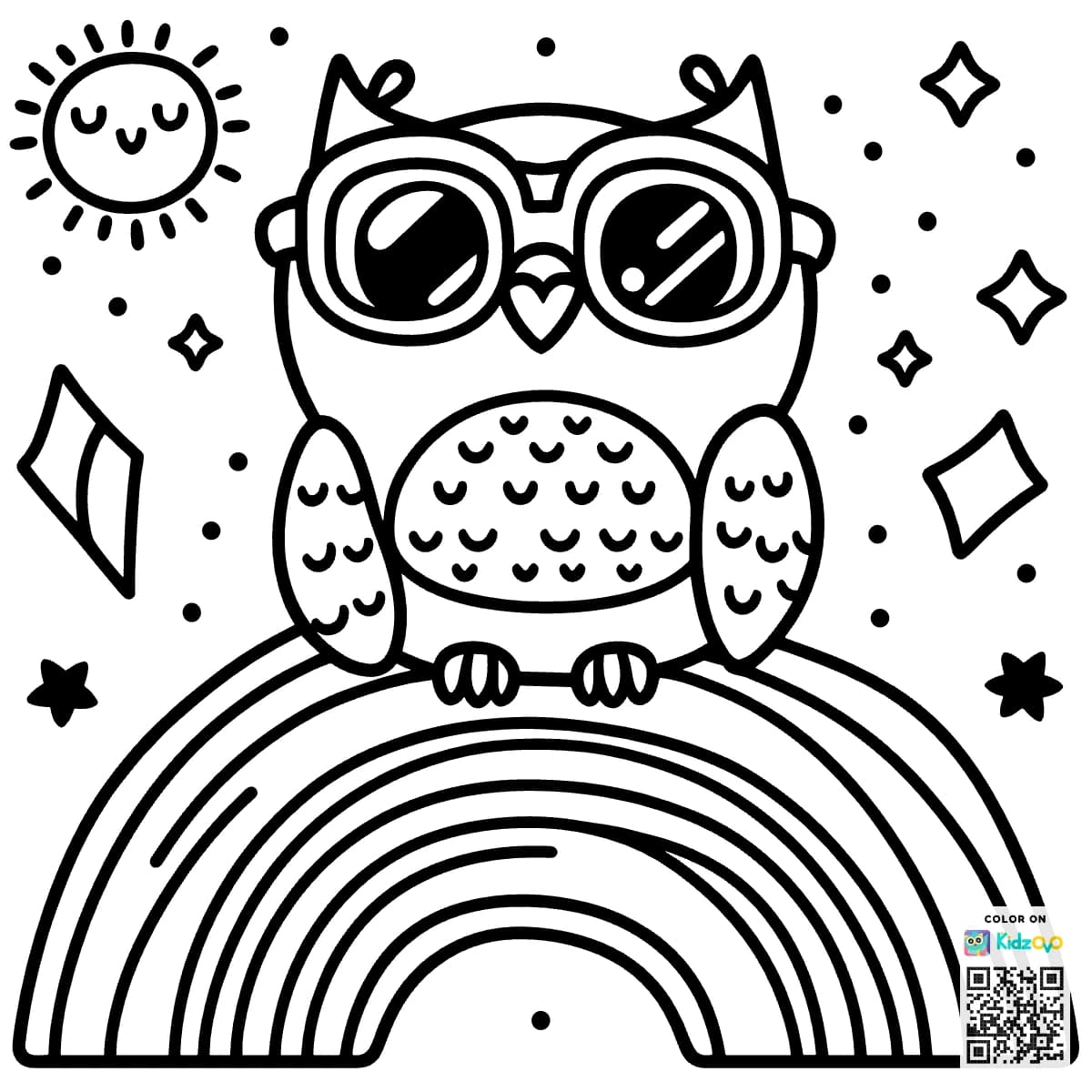A Cute Owl on a Rainbow wearing a Sunglasses