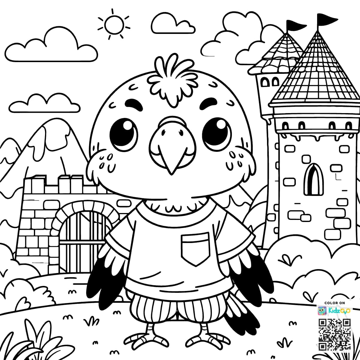 A Cute Parrot in a Castle wearing a T-Shirt