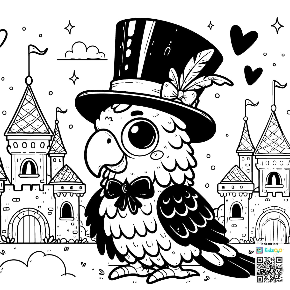 A Cute Parrot in a Castle wearing a Top Hat