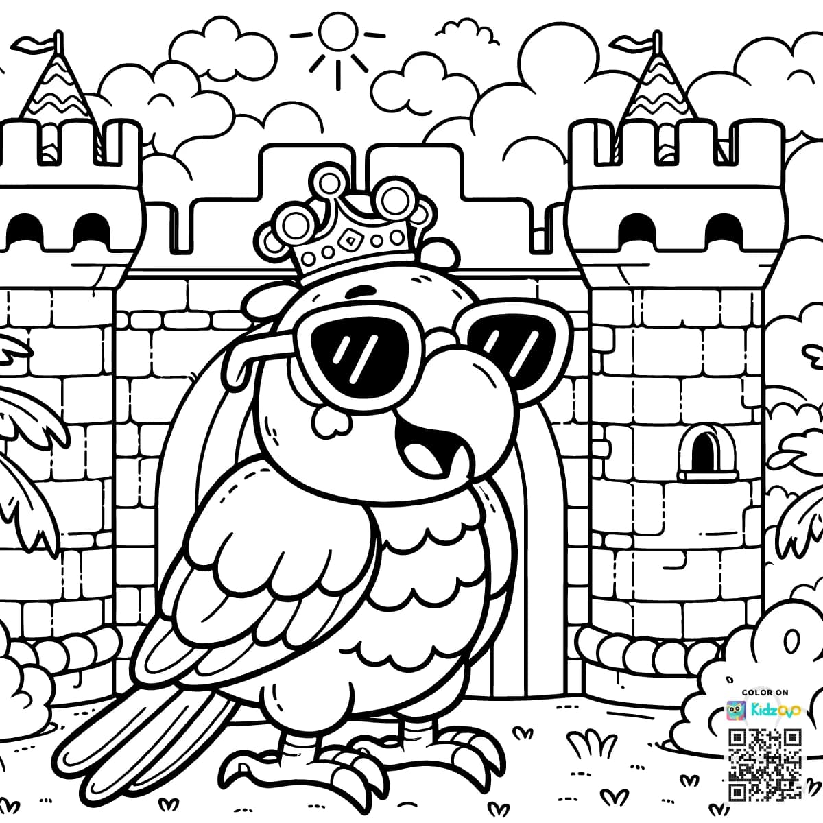 A Cute Parrot in a Castle wearing Sunglasses
