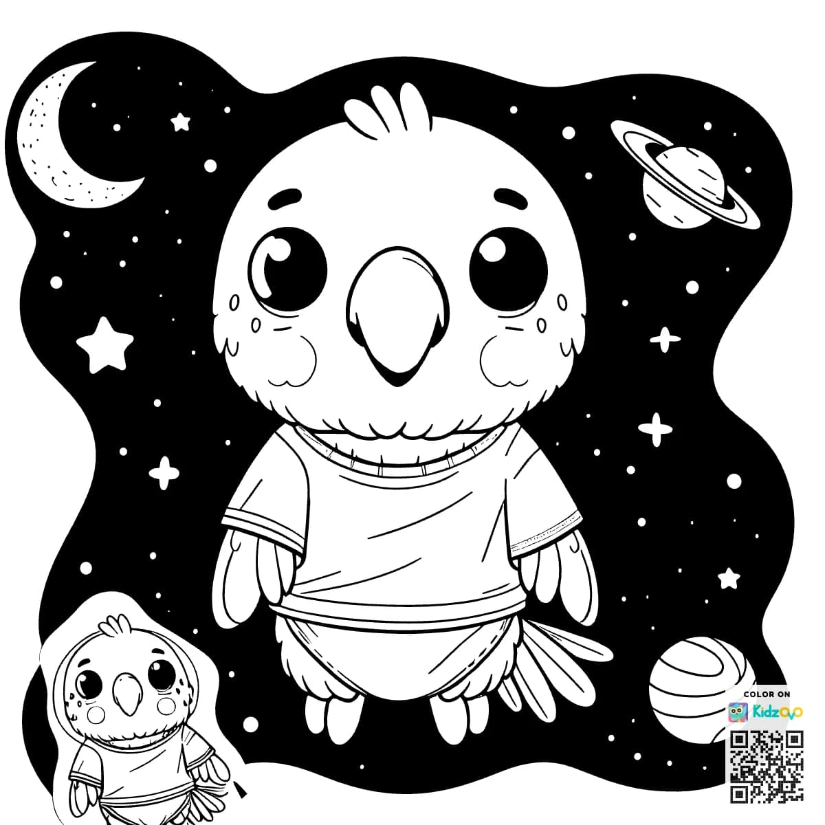 A Cute Parrot in Space wearing a T-Shirt