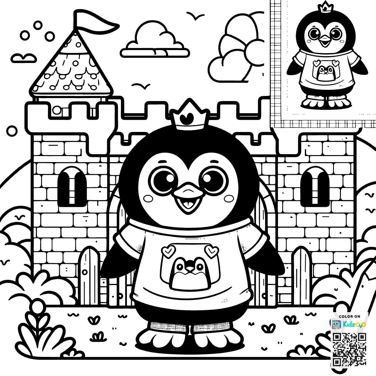 A Cute Penguin in a Castle wearing a T-Shirt