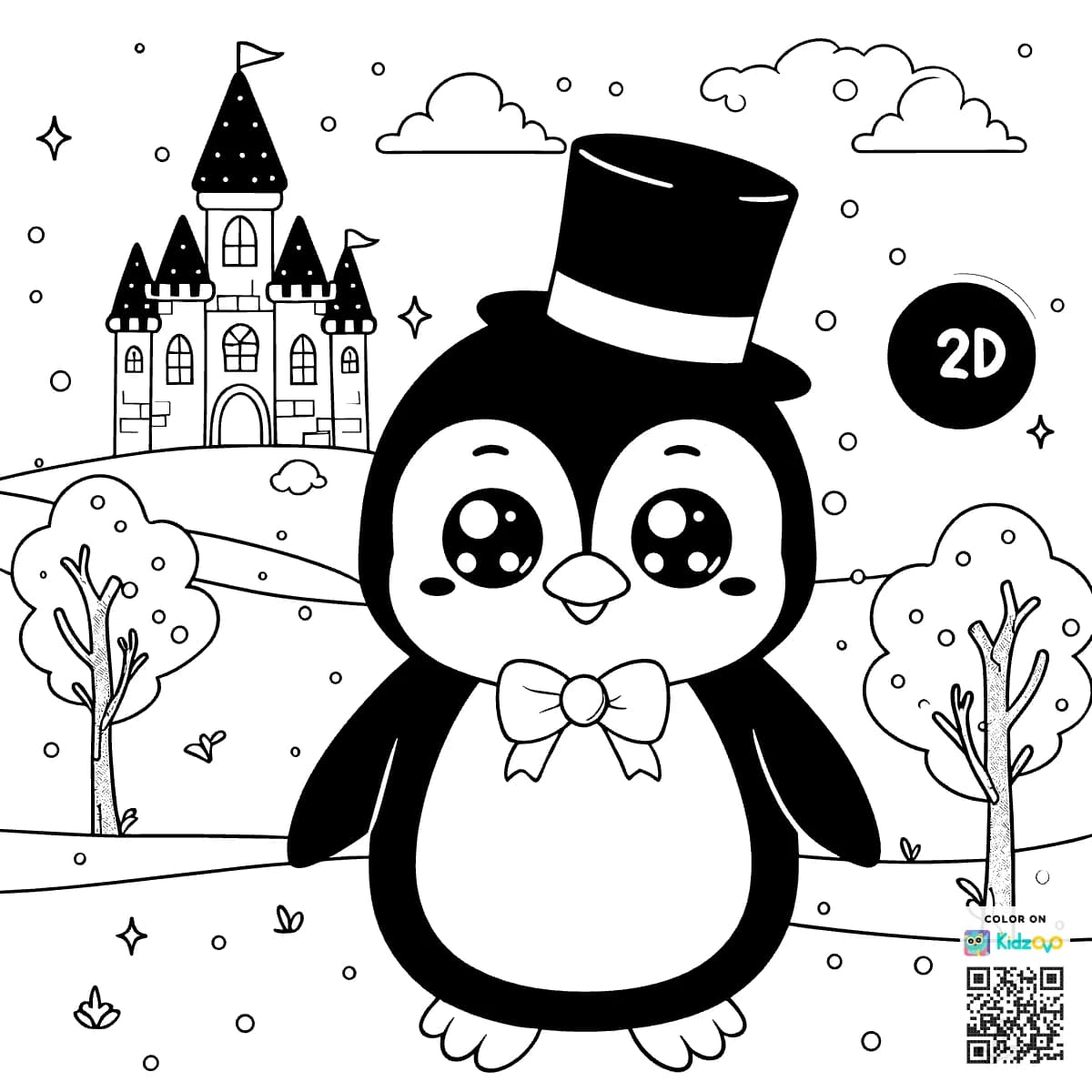 A Cute Penguin in a Castle wearing a Top Hat