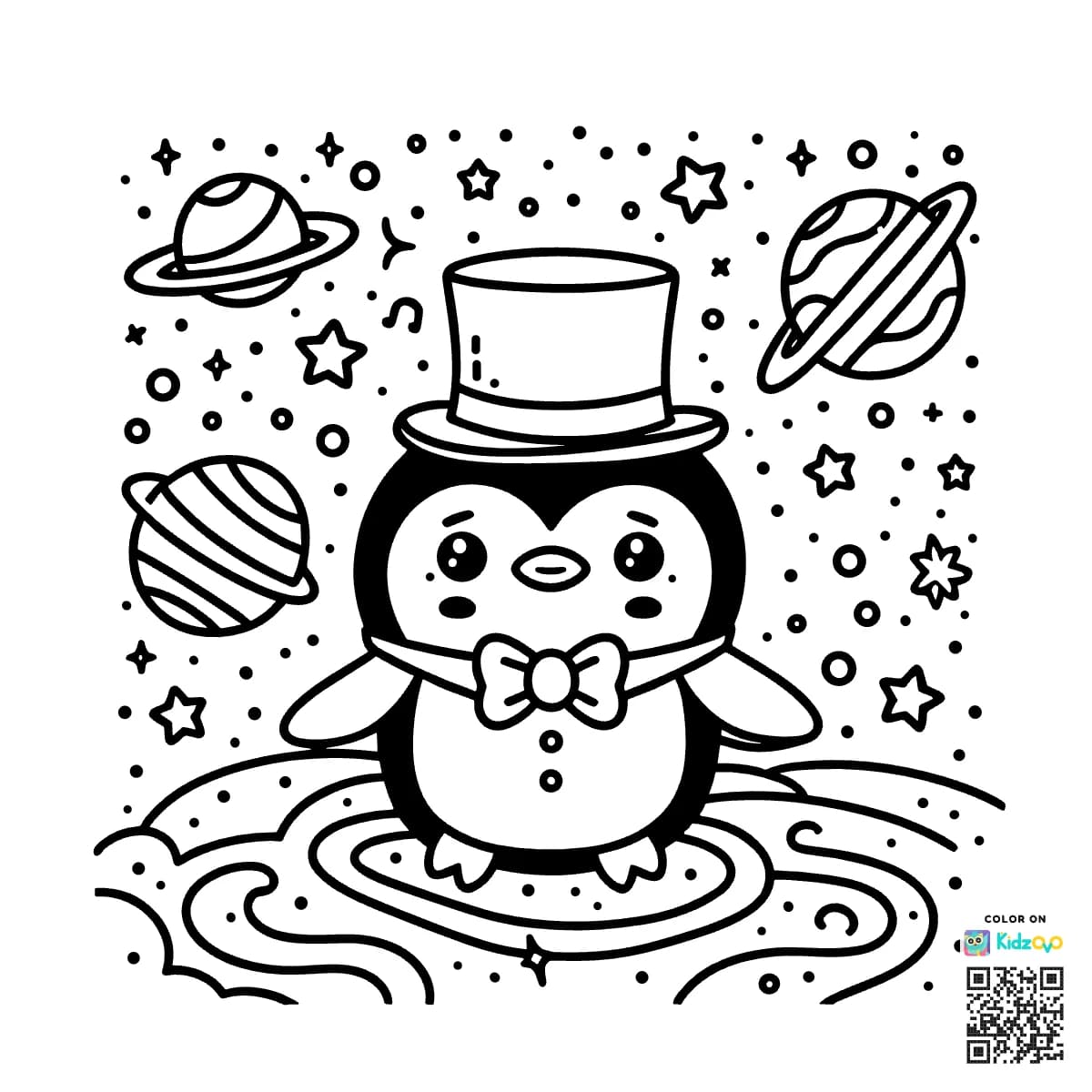A Cute Penguin in Space wearing a Top Hat