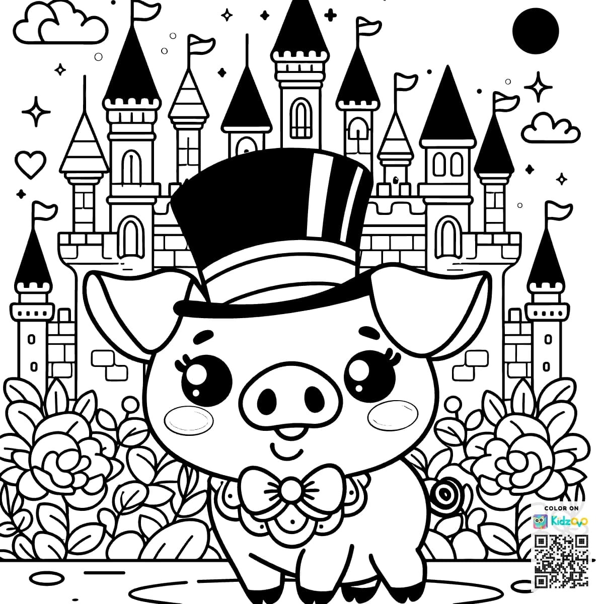 A Cute Pig in a Castle wearing a Top Hat