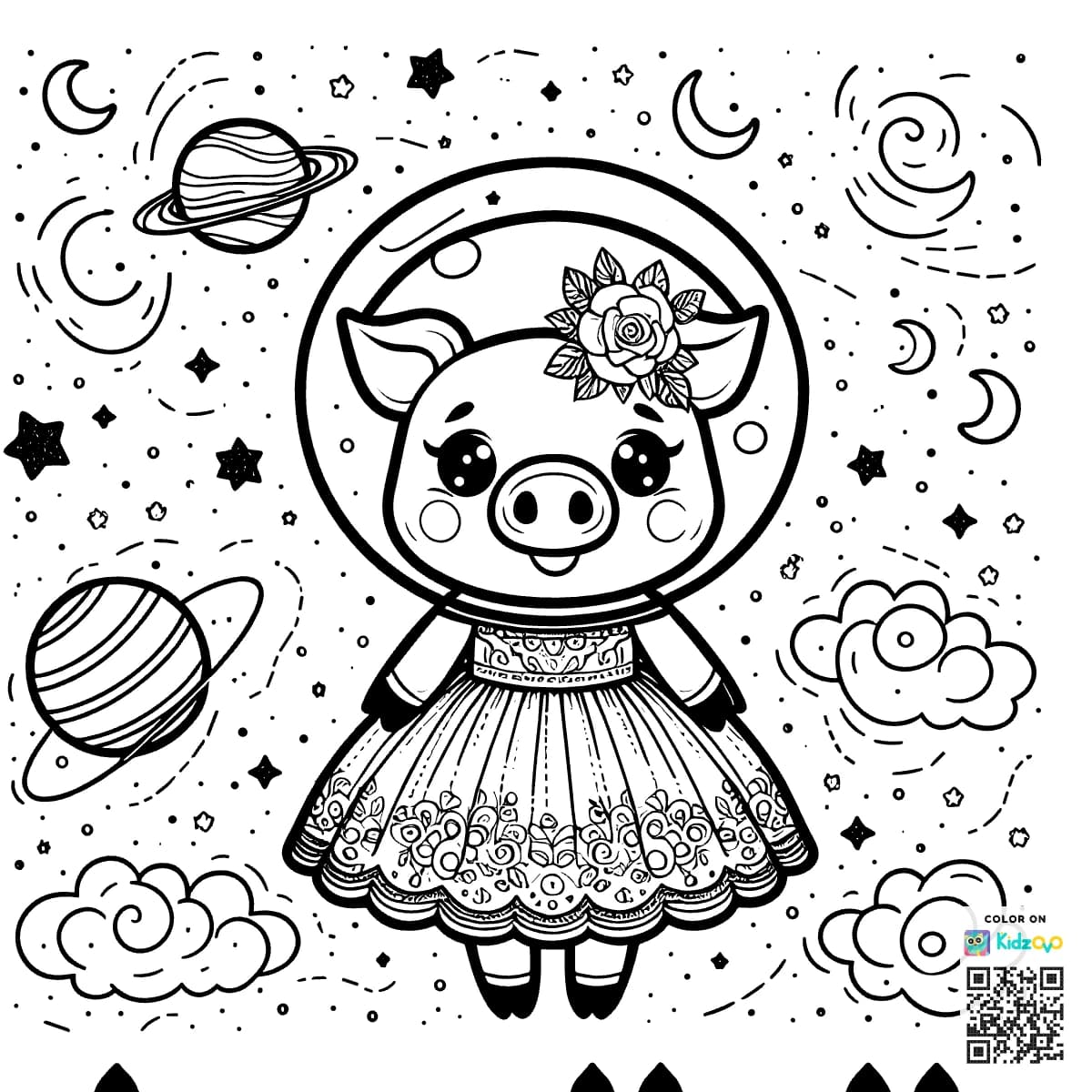 A Cute Pig in Space wearing a beautiful dress