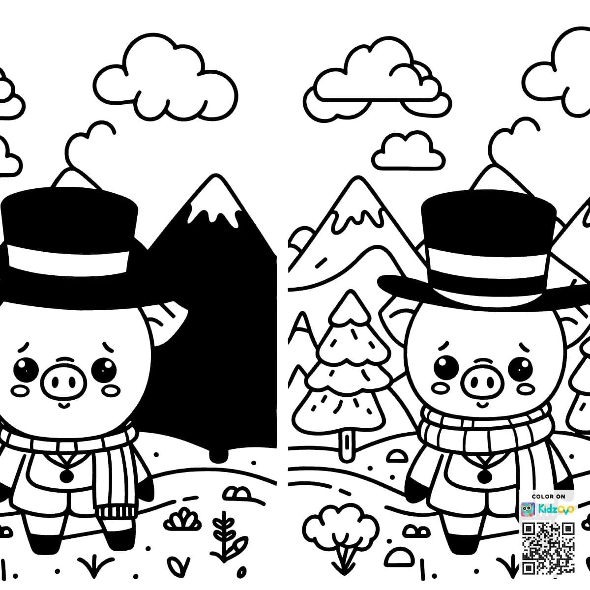 A Cute Pig in the Mountains wearing a Top Hat