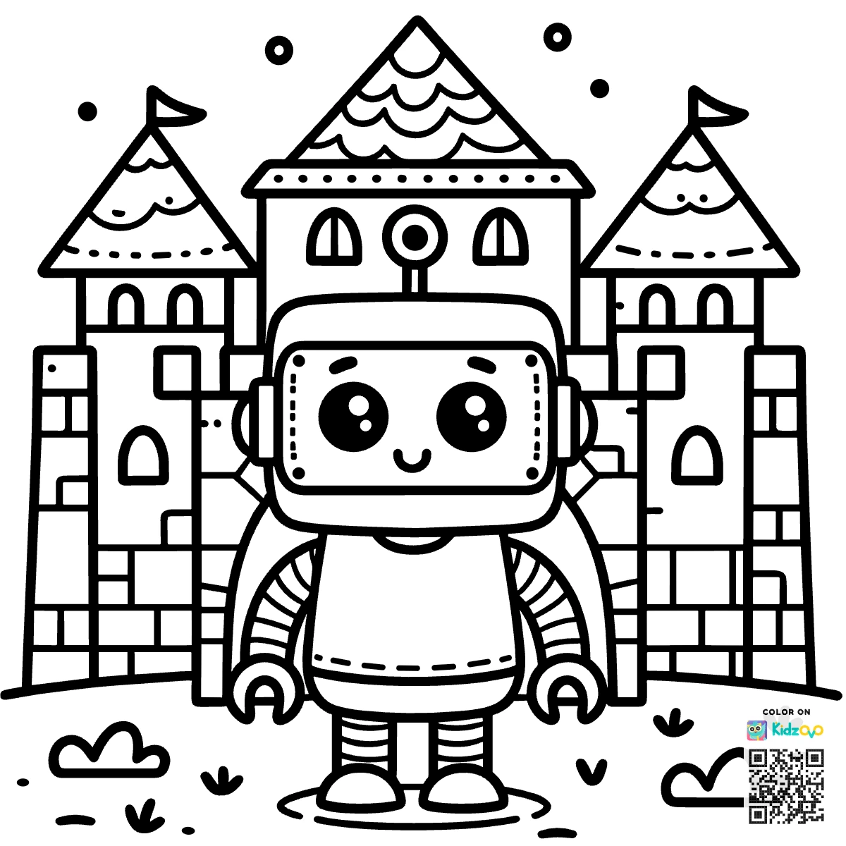 A Cute Robot in a Castle wearing a T-Shirt