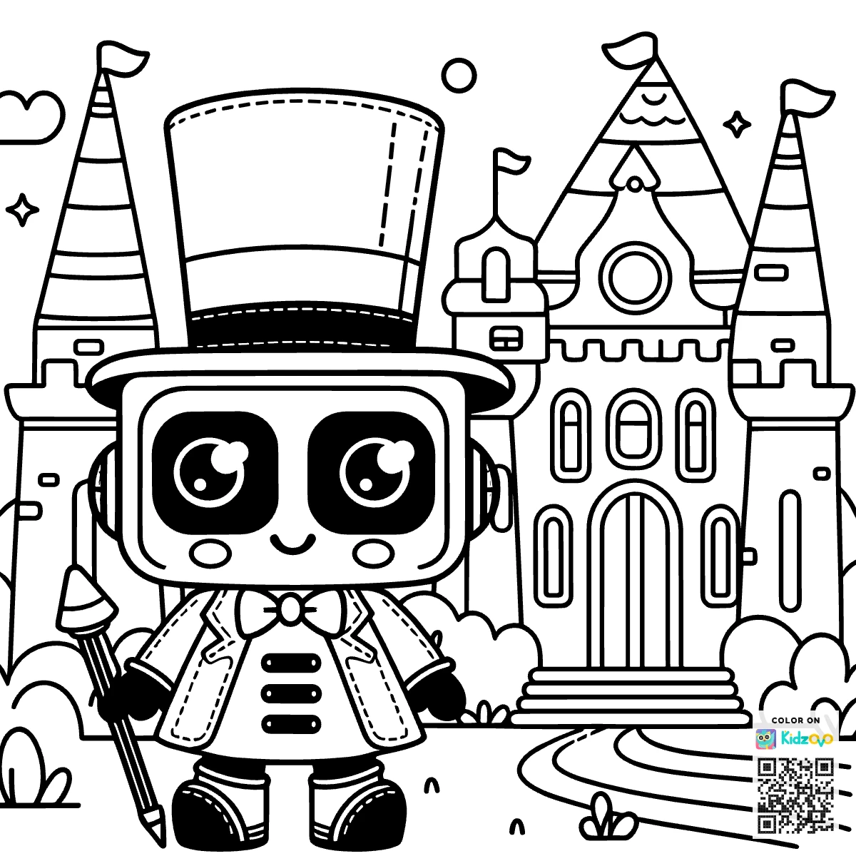 A Cute Robot in a Castle wearing a Top Hat